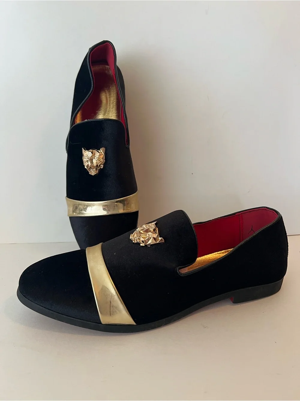 Men's Black Velvet Formal Loafers with Gold Toe Band & Medusa Crest - Size 44 (U